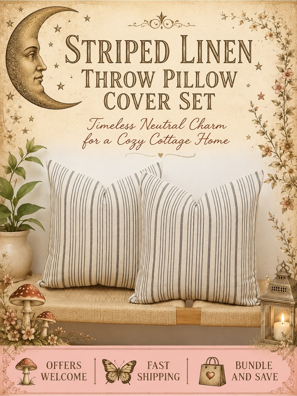 Set of 2 Striped Linen Pillow Covers 18x18 Farmhouse Cottage Decor